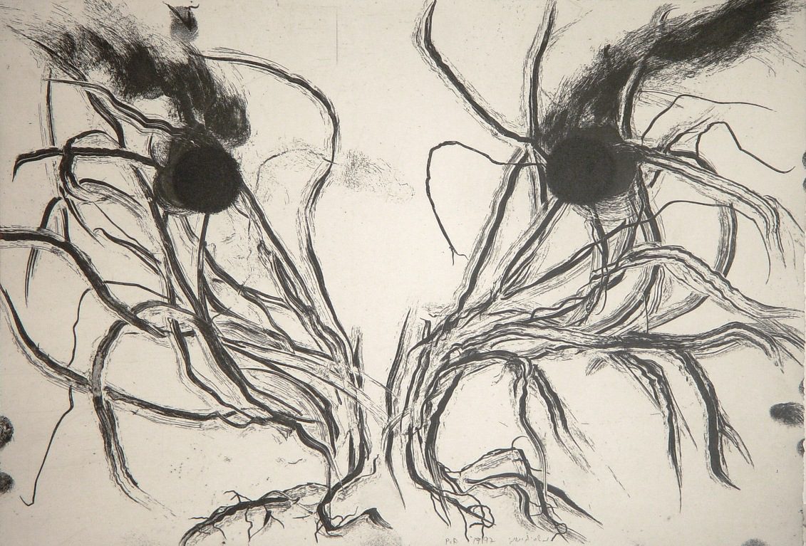 משה גרשוני, ללא כותרת (1997), שעווה רכה, אקווטינטה ועפרון חשמלי, גובה 27 ס"מ, רוחב 39 ס"מ