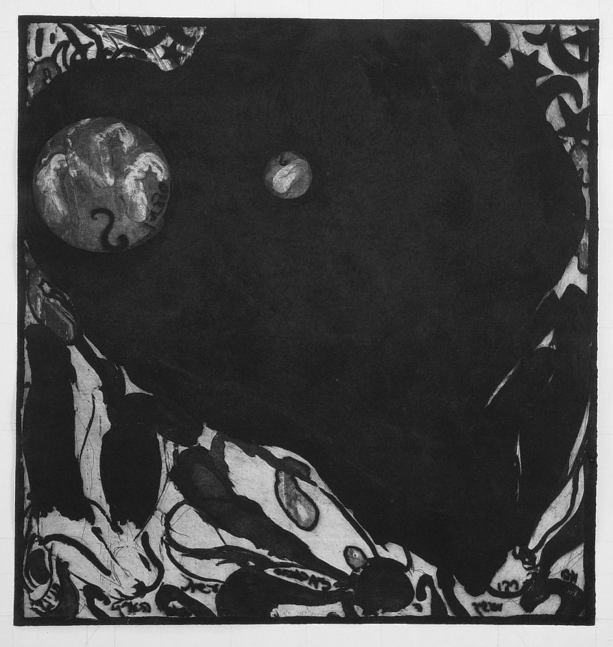 משה גרשוני, ויתעלה (מתוך סדרת "קדיש") (1984), תצריב, אקווטינטה, שעווה רכה ועפרון חשמלי, גובה 81 ס"מ, רוחב 77 ס"מ