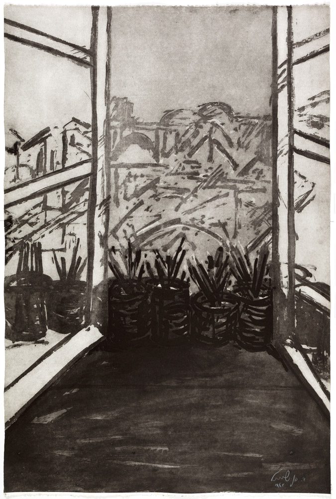 דוד בן-שאול, חלון הסטודיו  (1987), אקווטינטת-סוכר, גובה 105 ס"מ, רוחב 76 ס"מ