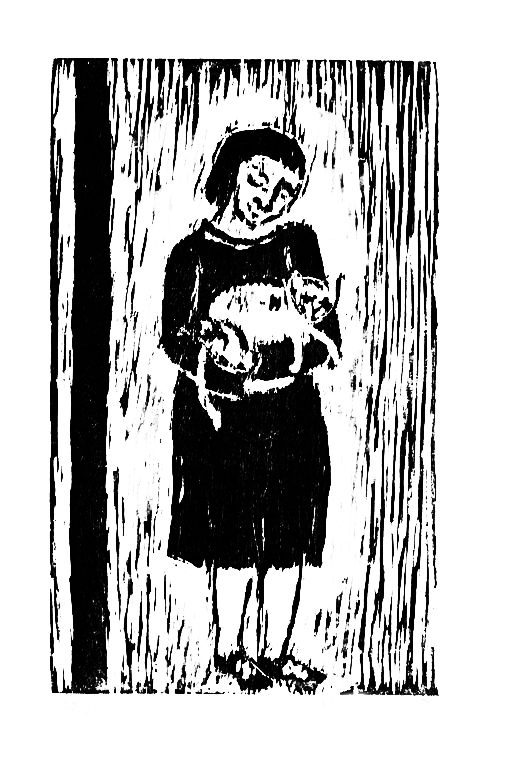 הדוויג גרוסמן, נערה עם חתול (1958), חיתוך-עץ, גובה 35.2 ס"מ, רוחב 21.5 ס"מ (פלטה); עיזבון הדוויג גרוסמן בסדנת ההדפס ירושלים