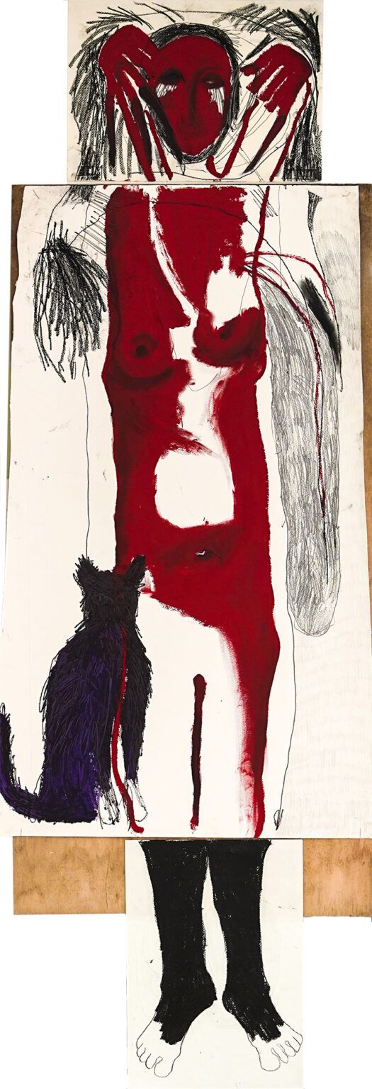 מיכאלה מור, ללא כותרת,(צבע אדום) 2024 קרדיט לאמנית Michaela Mor, Untitled (Red Alert), 2024, oil pastel, charcoal, and pencils on paper